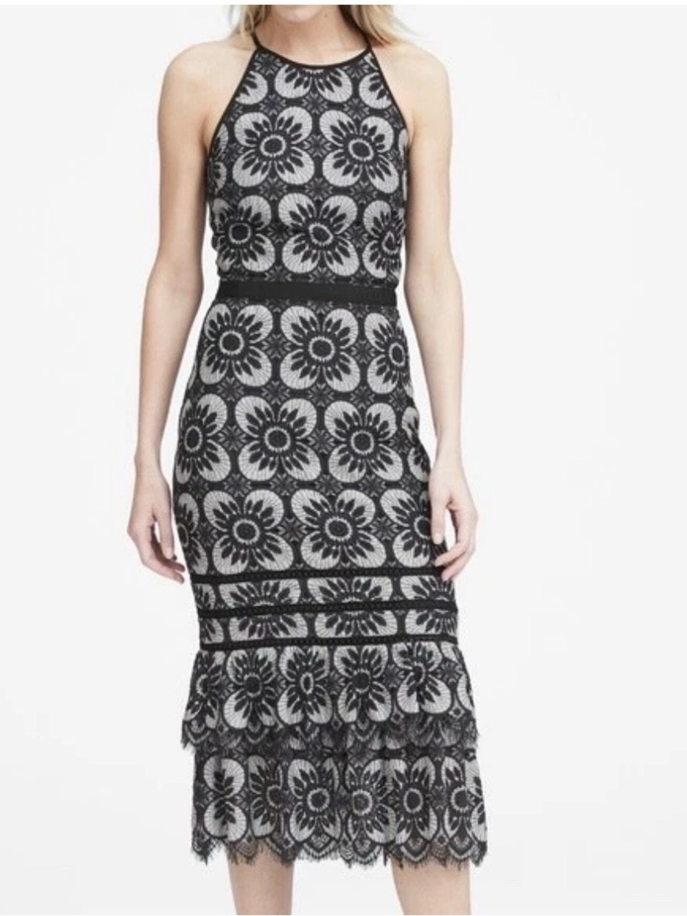 Banana Republic Black and White Scalloped Lace Midi Dress